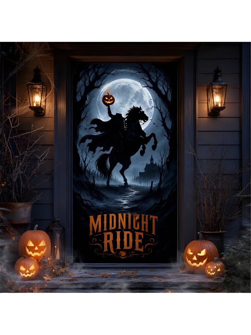 Halloween Door Banner Cover - 71"x35" Headless Horseman Midnight Ride Front